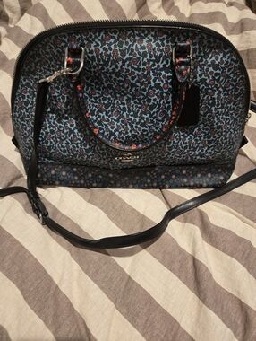 Coach Blue Floral Dome Satchel with Black Trim